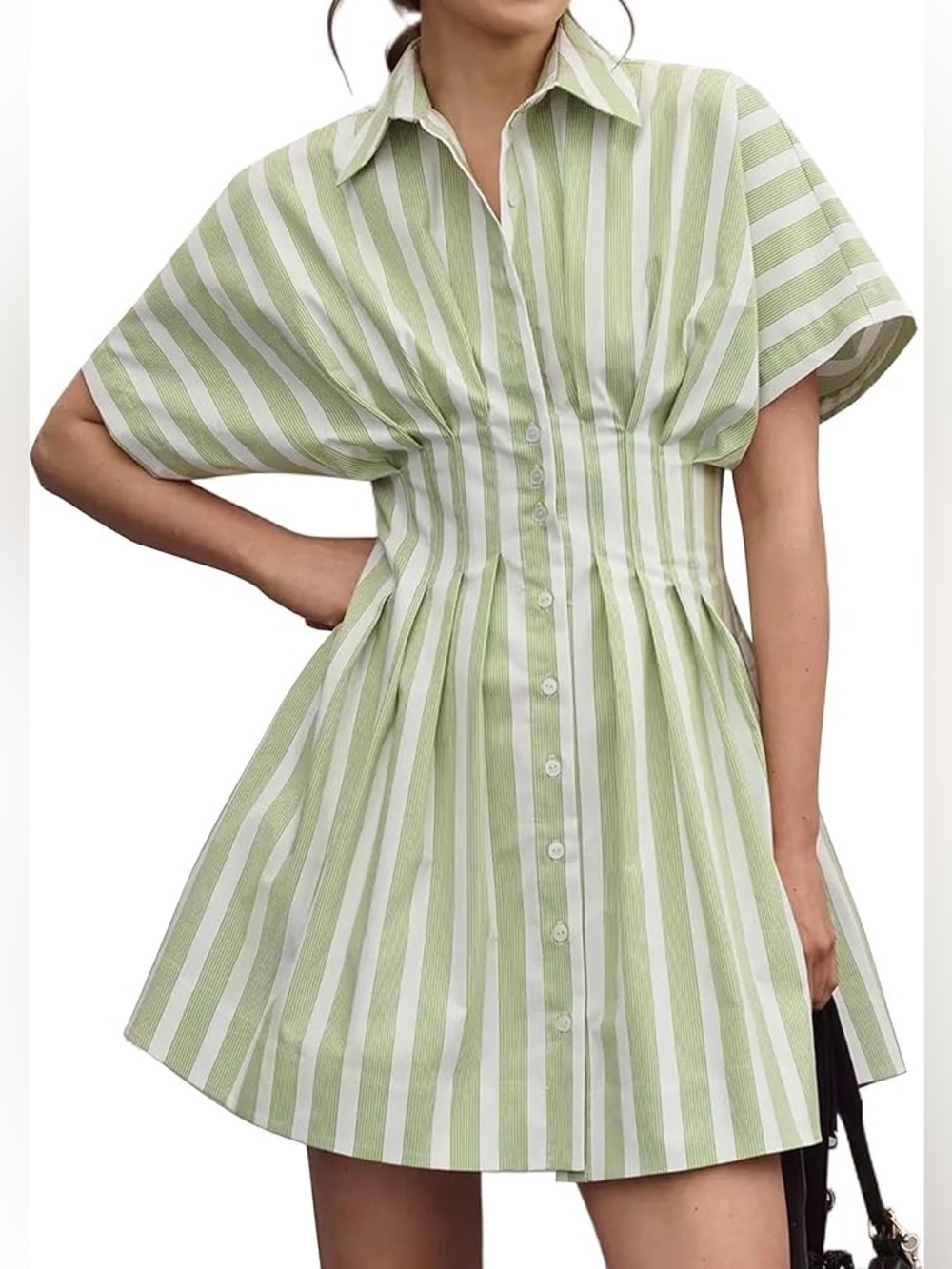 Exquise The Tobie Button-Front Pleated Mini Shirtdress Striped Green Fit&Flare